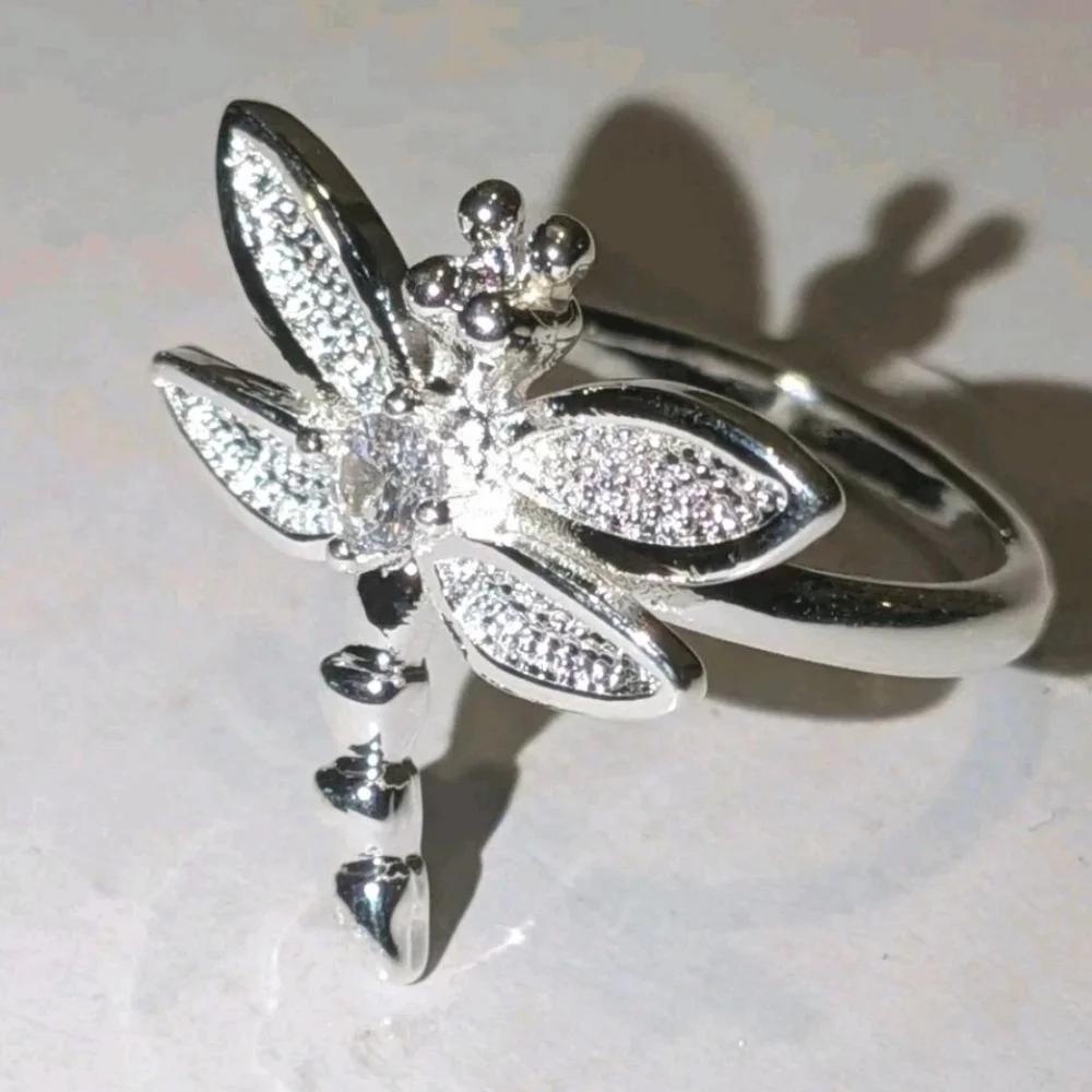Vintage Women's Quality 925 Sterling Silver CZ Diamond  Dragonfly Ring  Size 5